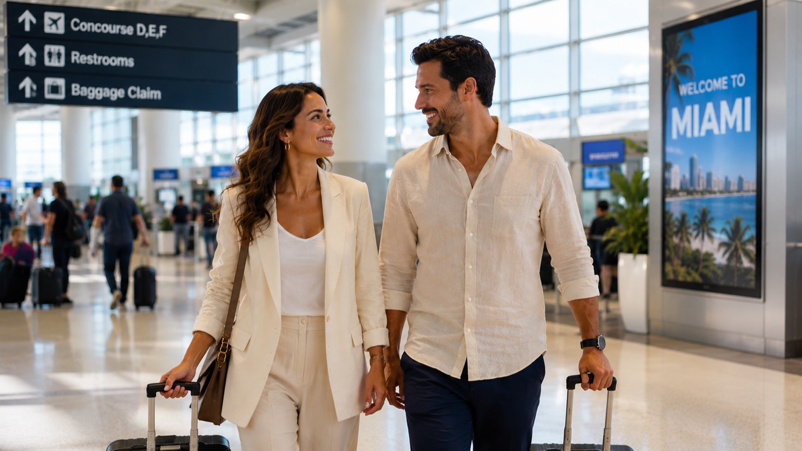 Casal de clientes brasileiros chegando ao aeroporto de Miami para a visita guiada