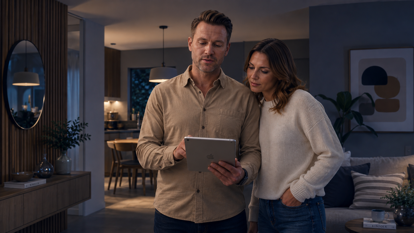 Casal observa um iPad juntos em casa à noite