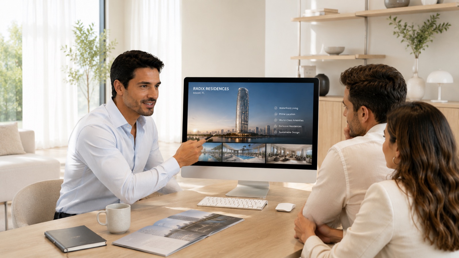 Corretor brasileiro apresentando o projeto Radix Residences Miami para um casal de clientes, direto do Brasil
