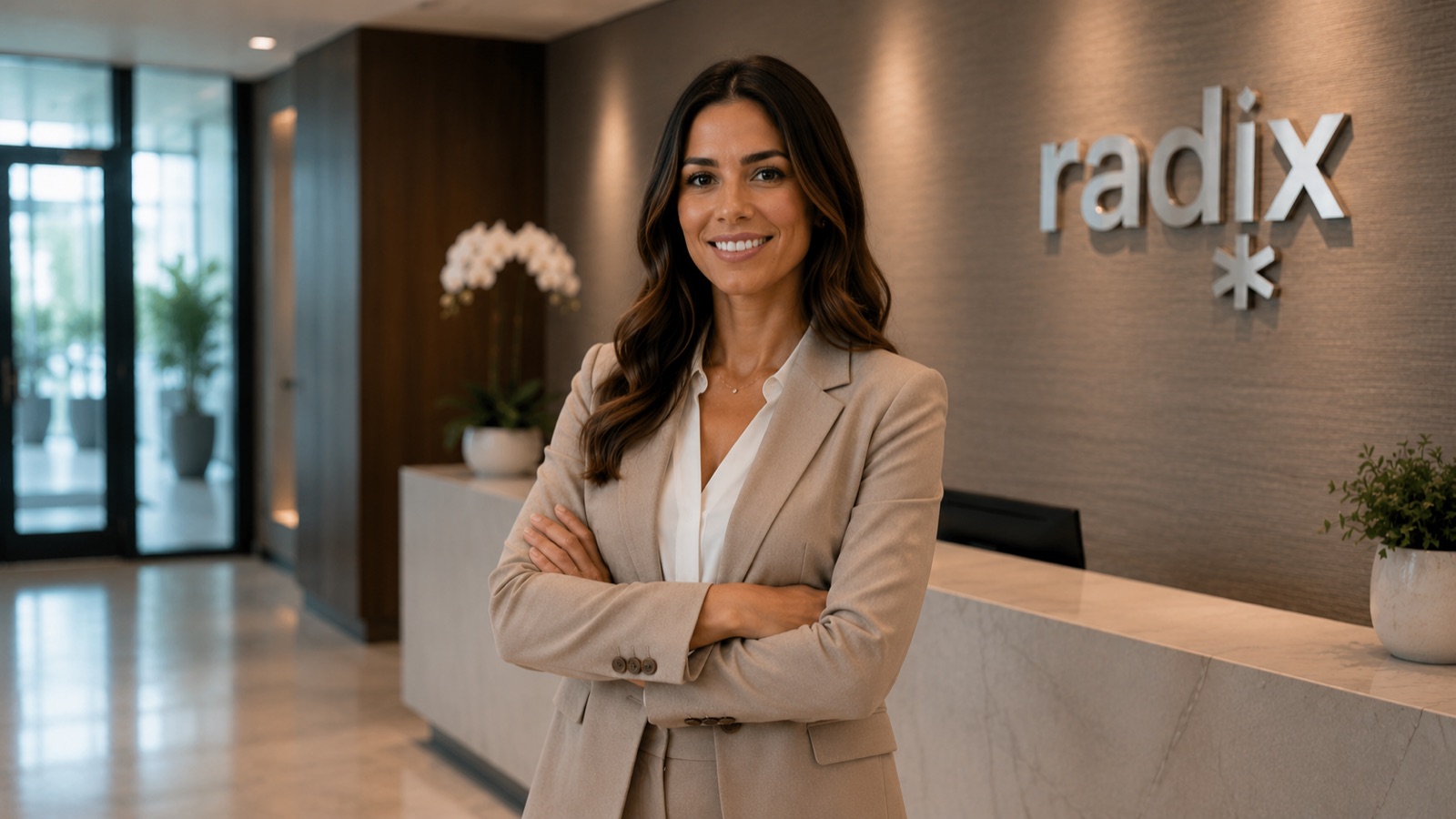 Corretora brasileira licenciada na Flórida, posando confiante na recepção da Radix