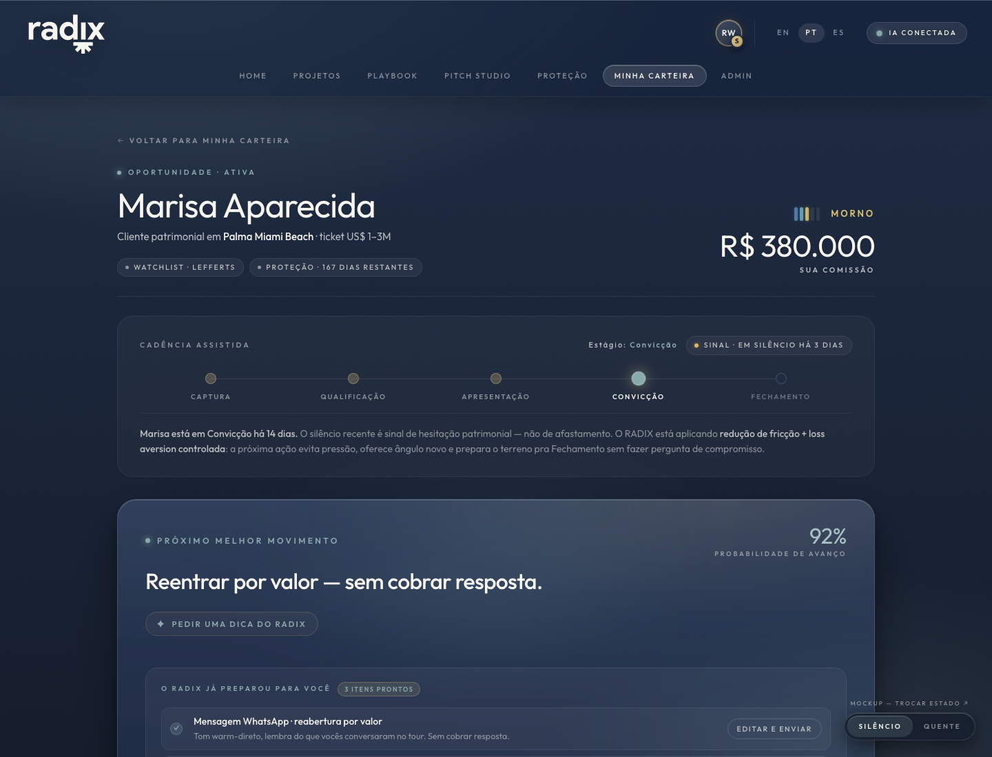 Tela da oportunidade com cadência assistida e próximo melhor movimento