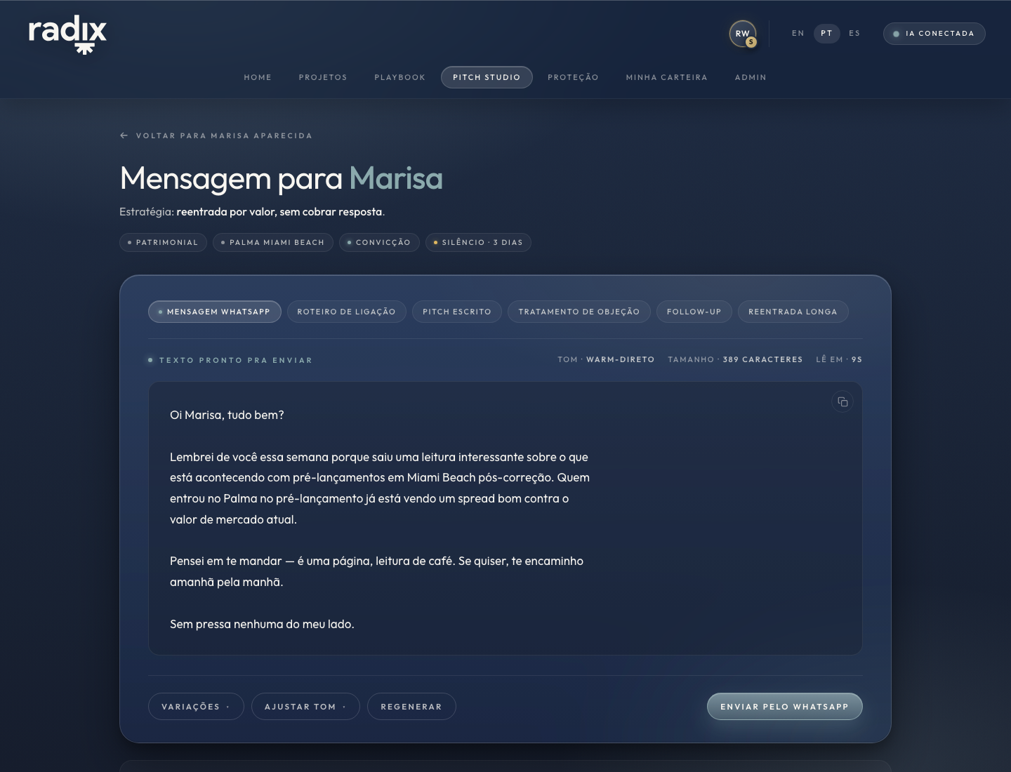 Tela do Estúdio de Apresentação com mensagem de WhatsApp pronta para o cliente