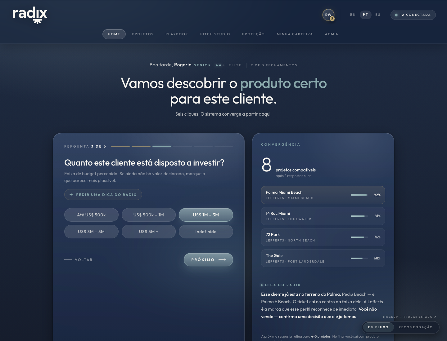 Tela de qualificação do cliente, perguntas guiadas com convergência em tempo real